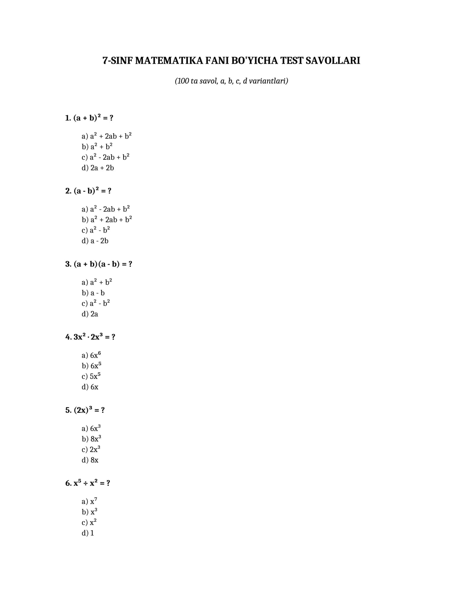 7-SINF MATEMATIKA FANI BO'YICHA TEST SAVOLLARI