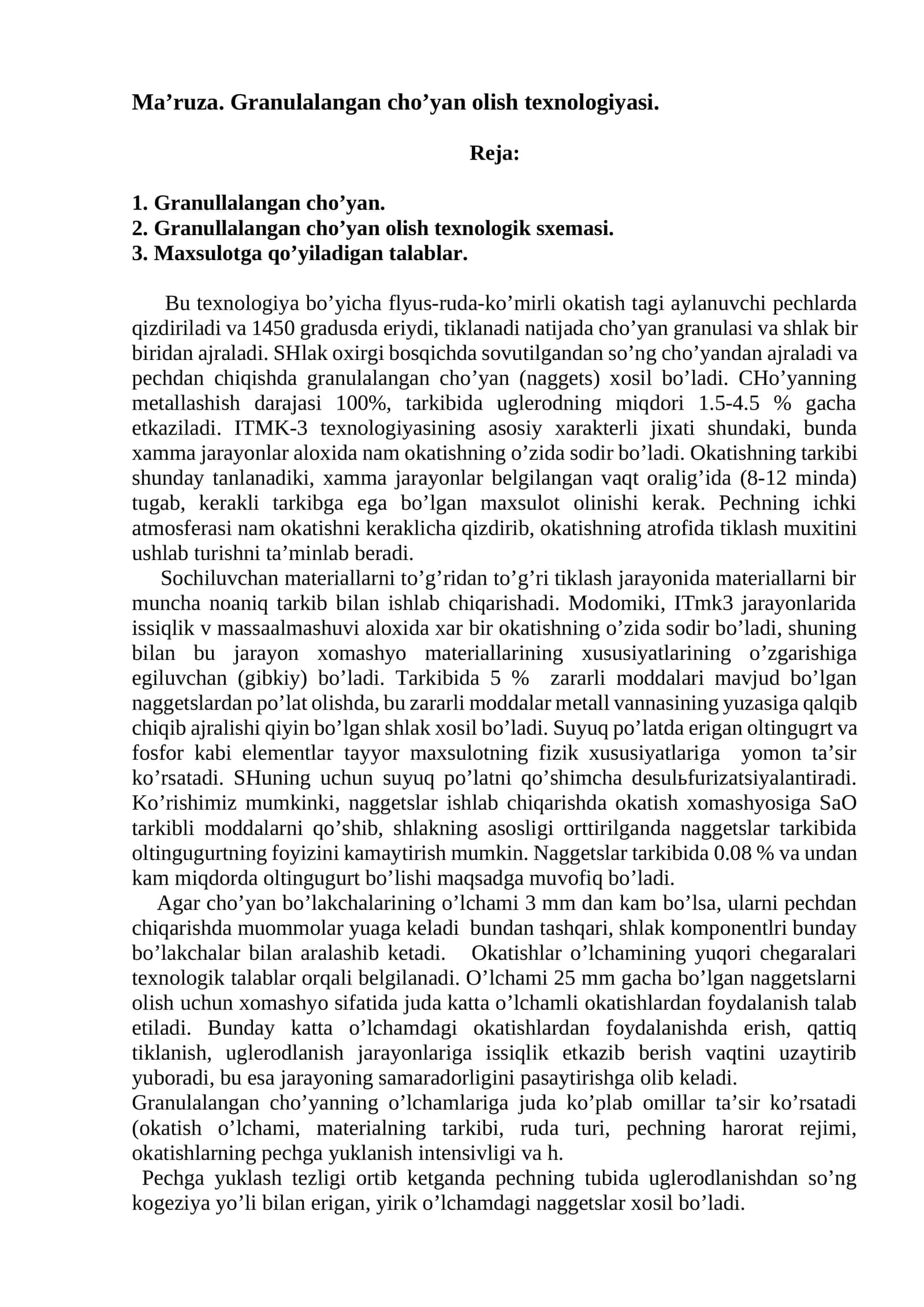 Grаnulаlаngаn cho’yan olish tехnologiyasi