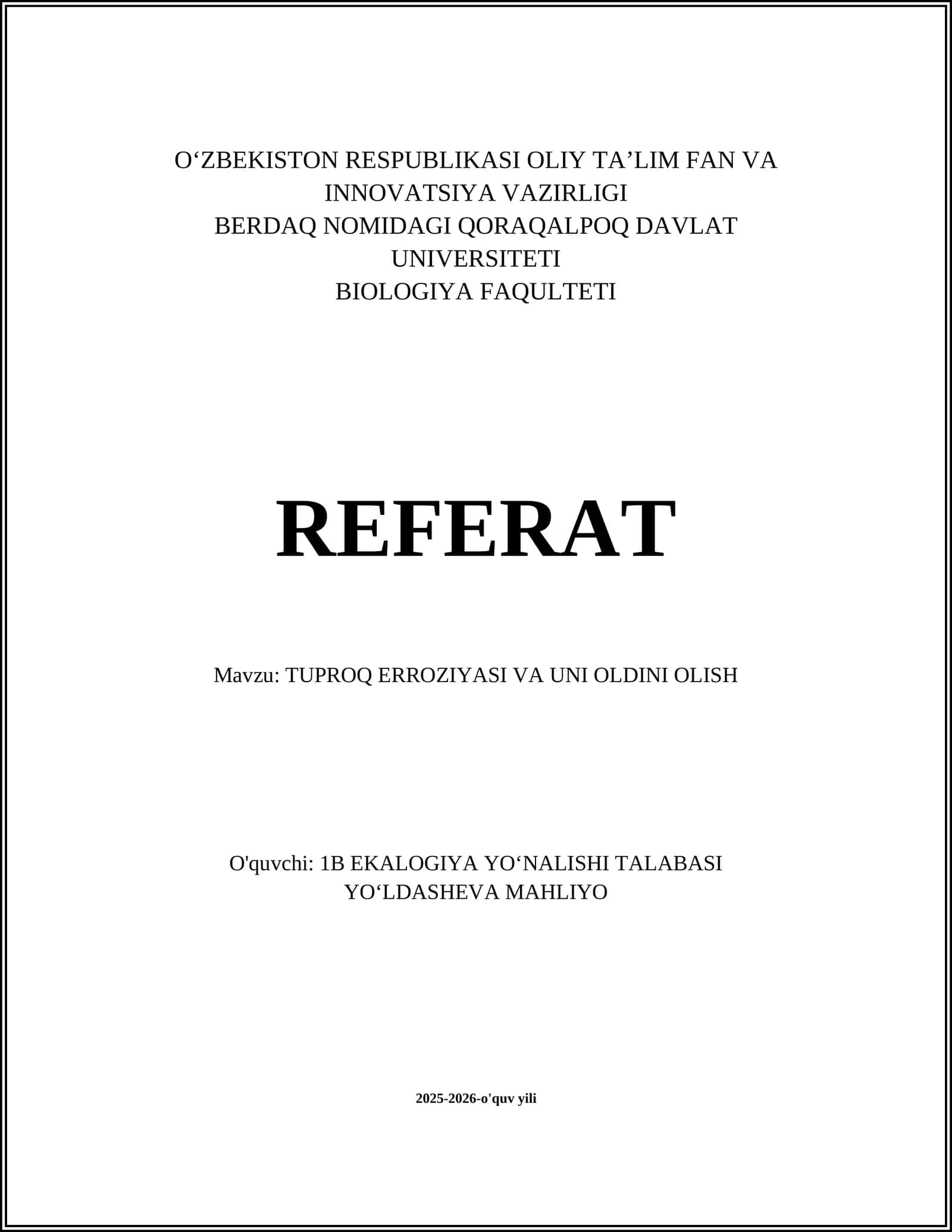 TUPROQ ERROZIYASI VA UNI OLDINI OLISH