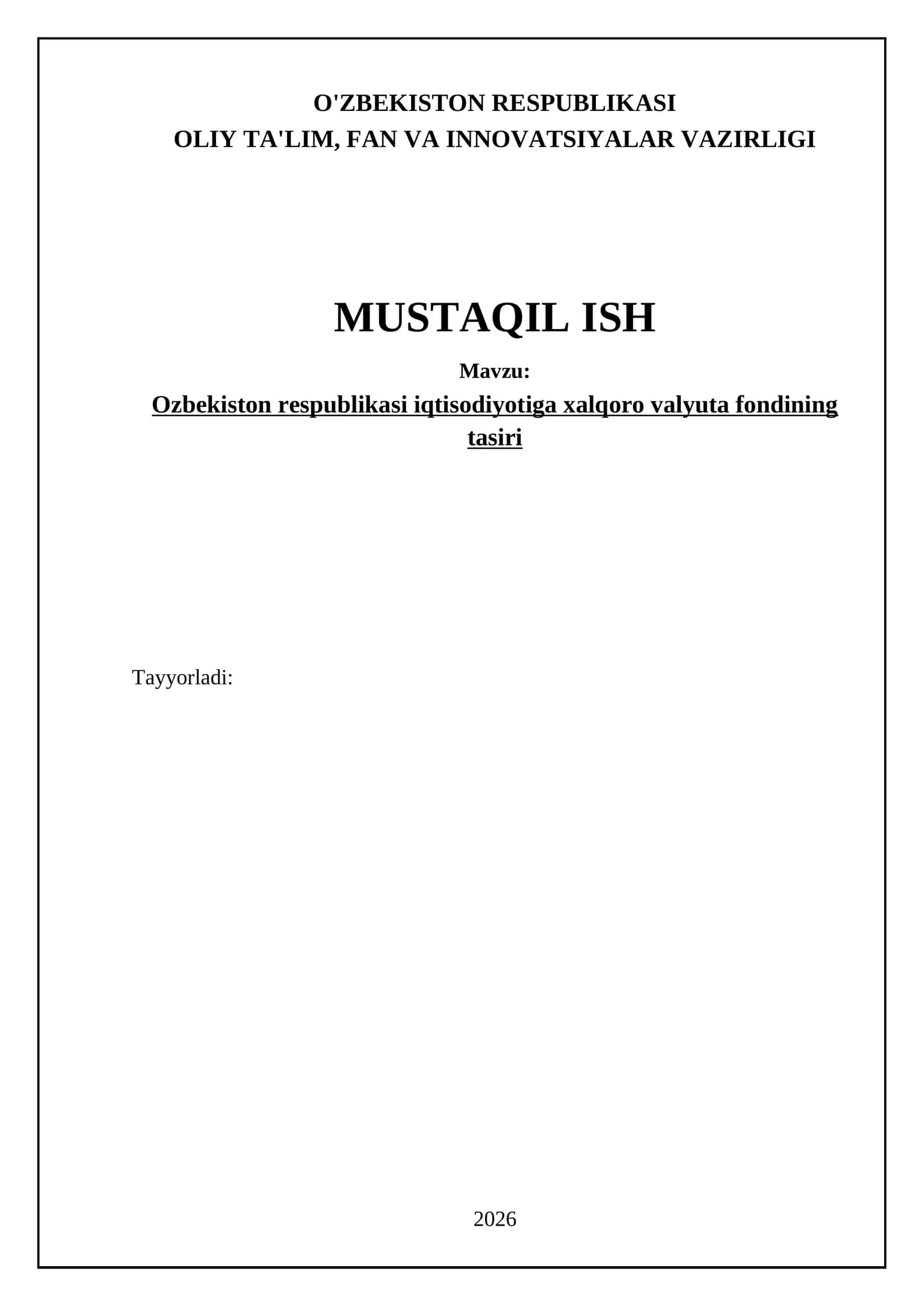 Ozbekiston respublikasi iqtisodiyotiga xalqoro valyuta fondining tasiri