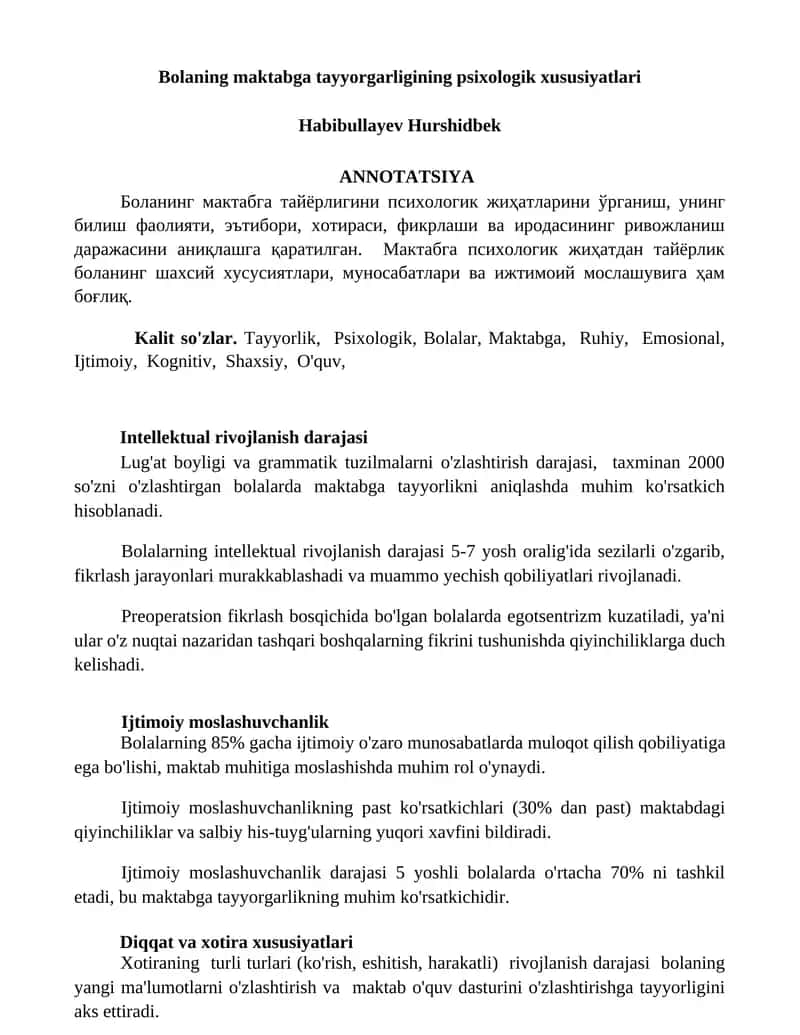Bolaning maktabga tayyorgarligining psixologik xususiyatlari