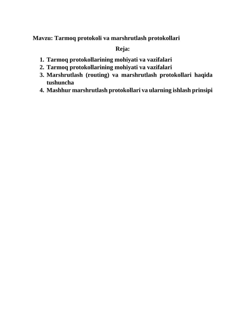 Tarmoq protokoli va marshrutlash protokollari