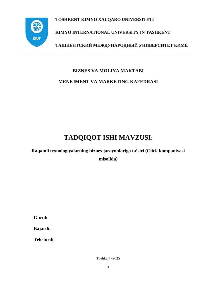 TADQIQOT ISHI. Raqamli texnologiyalarning biznes jarayonlariga ta'siri