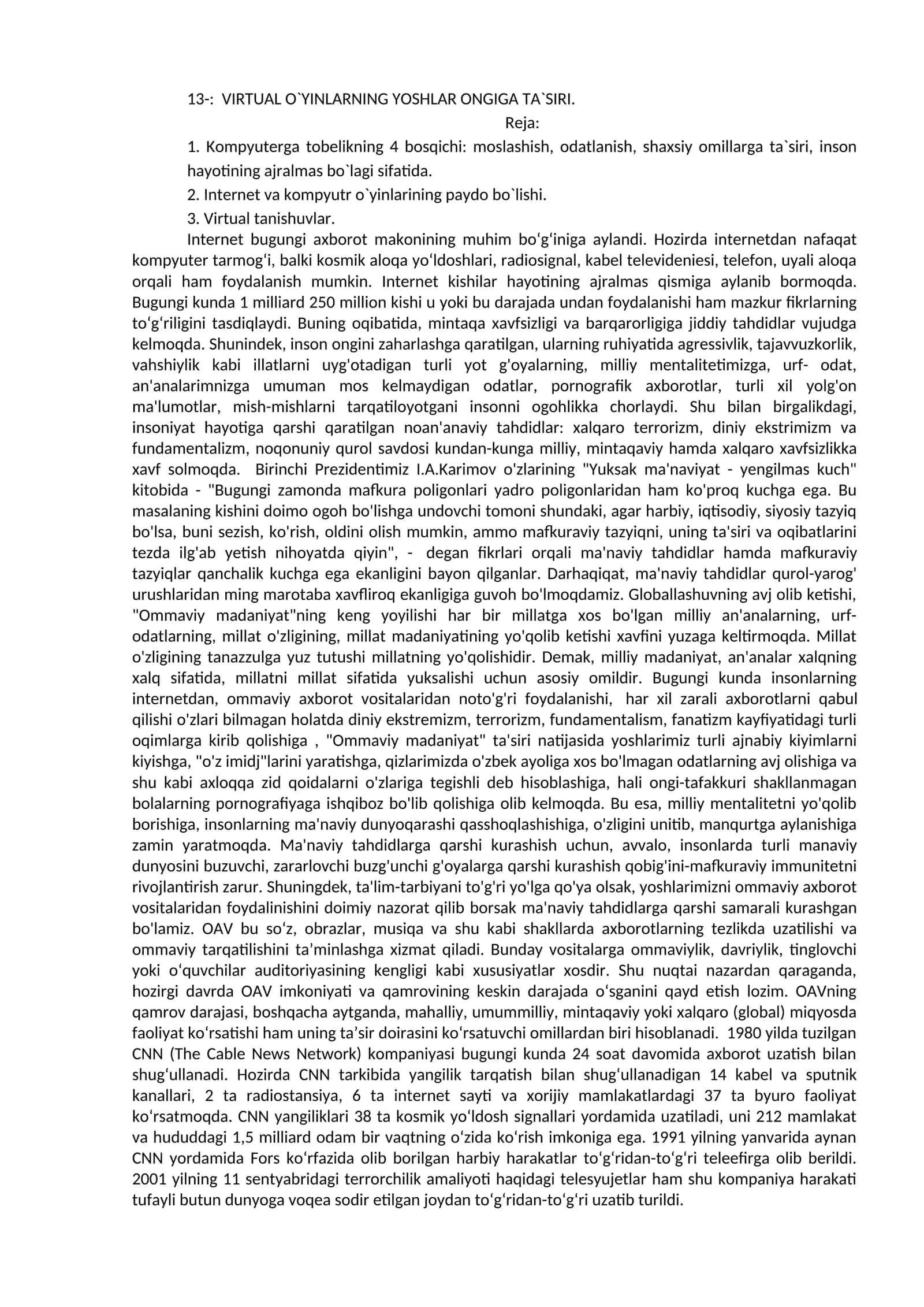 VIRTUAL O`YINLARNING YOSHLAR ONGIGA TA`SIRI