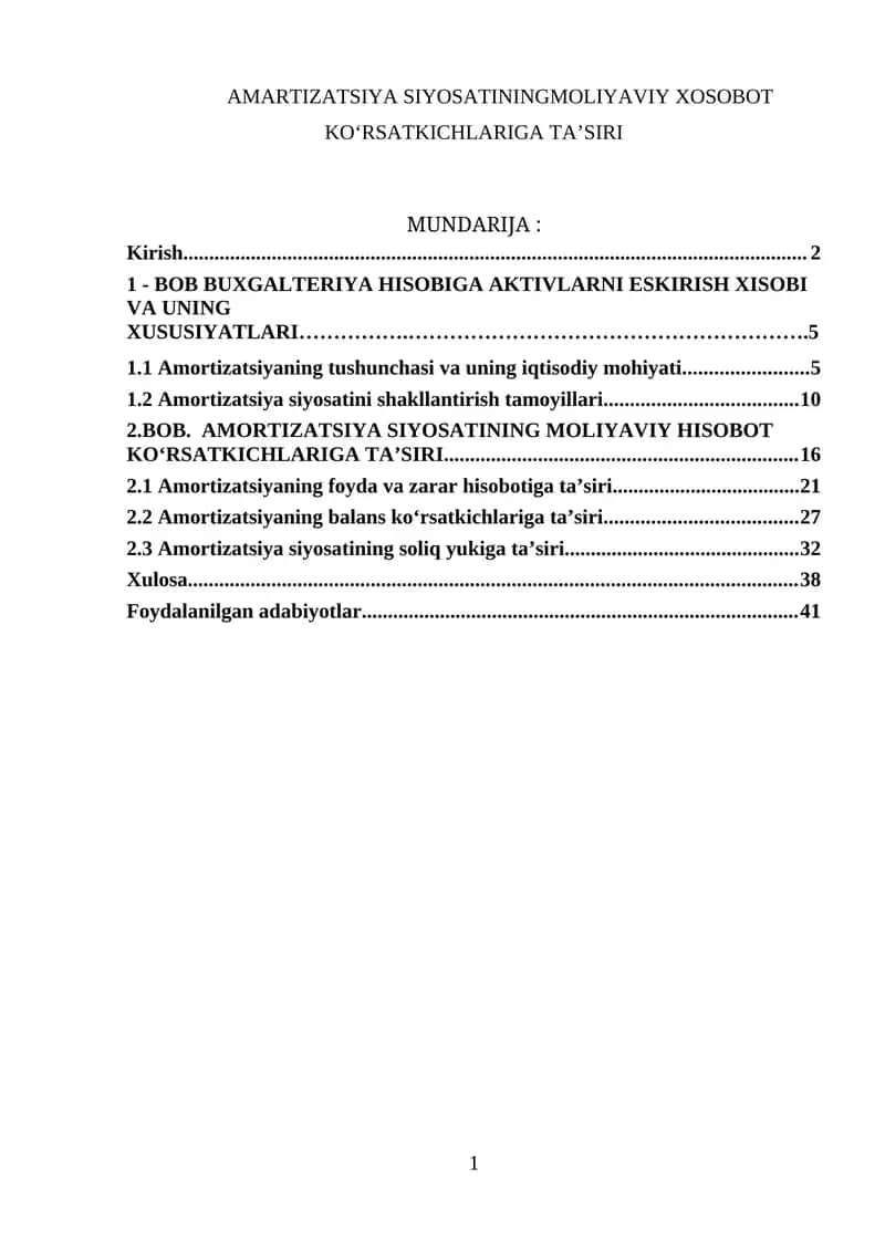 AMARTIZATSIYA SIYOSATININGMOLIYAVIY XOSOBOT KOʻRSATKICHLARIGA TAʼSIRI