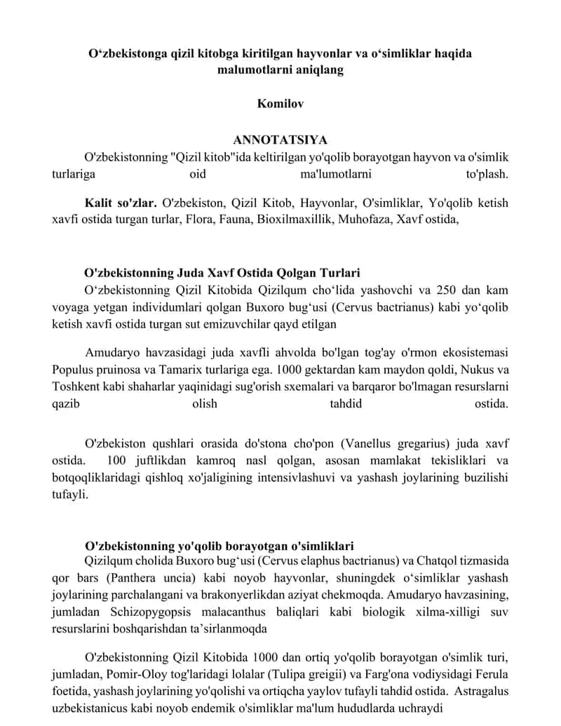 O'zbekistonga qizil kitobga kiritilgan hayvonlar va oʻsimliklar haqida malumotlarni aniqlang