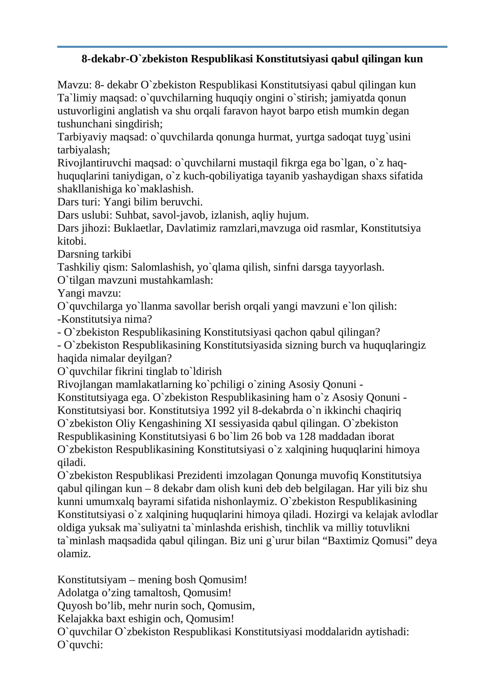8-dekabr-O`zbekiston Respublikasi Konstitutsiyasi qabul qilingan kun