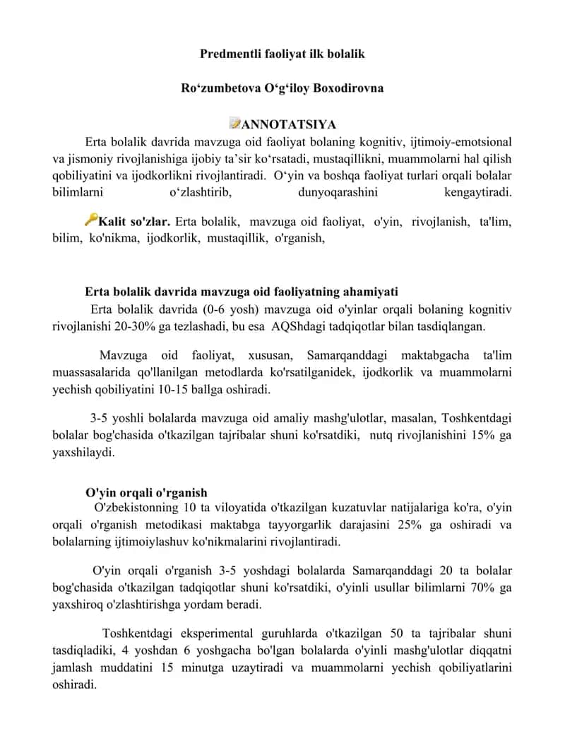 Erta bolalik davrida mavzuga oid faoliyat