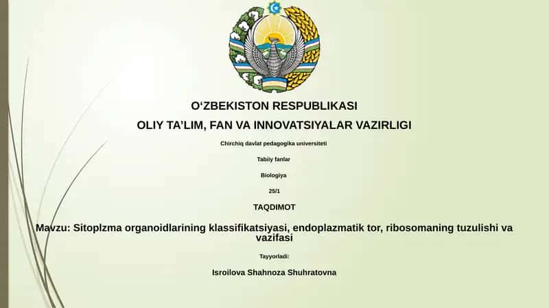 Sitoplazma organoidlarining klassifikatsiyasi, endoplazmatik tor, ribosomaning tuzulishi va vazifasi
