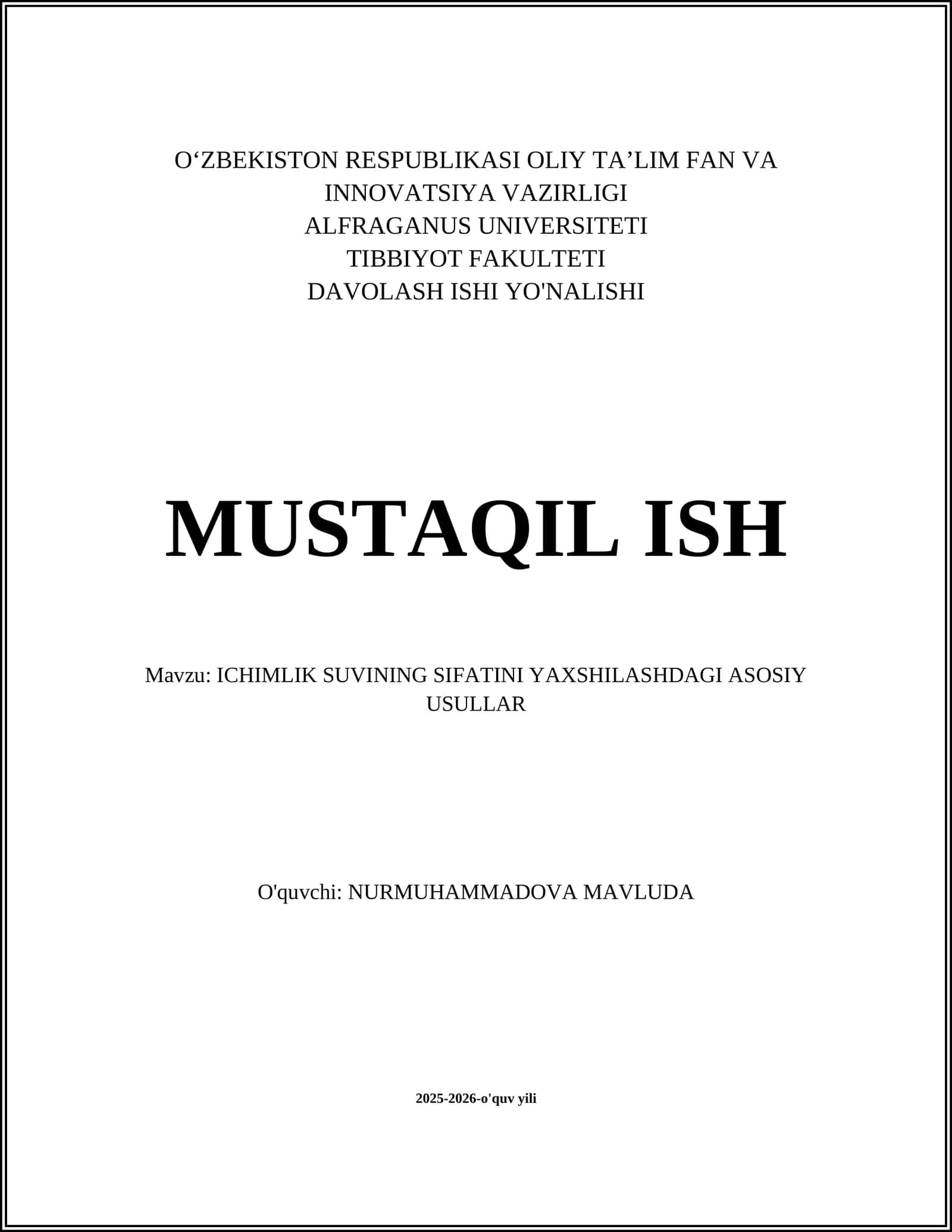 ICHIMLIK SUVINING SIFATINI YAXSHILASHDAGI ASOSIY USULLAR