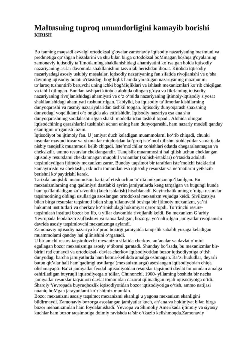 Maltusning tuproq unumdorligini kamayib borishi