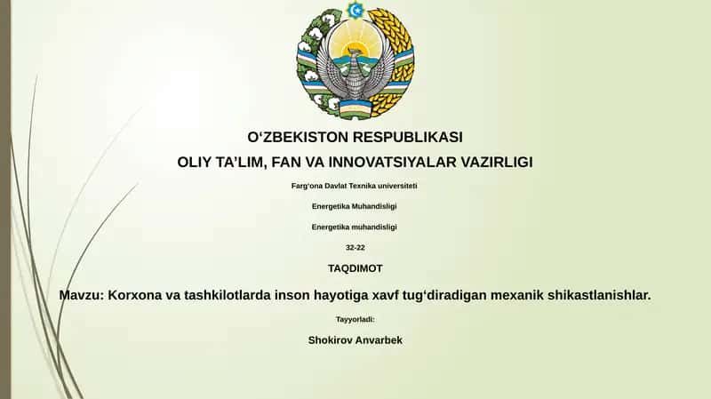 Korxona va tashkilotlarda inson hayotiga xavf tugʻdiradigan mexanik shikastlanishlar