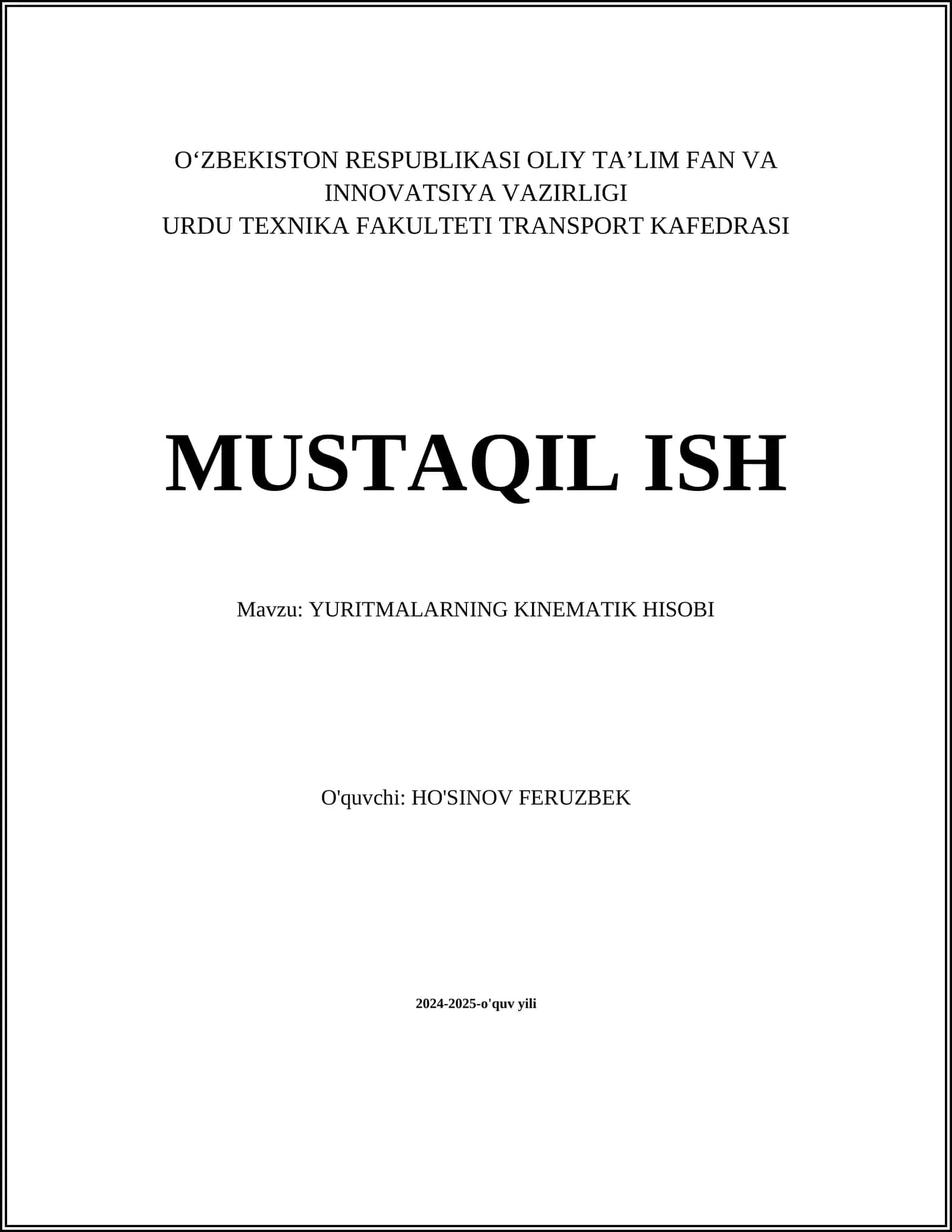 MUSTAQIL ISH - YURITMALARNING KINEMATIK HISOBI