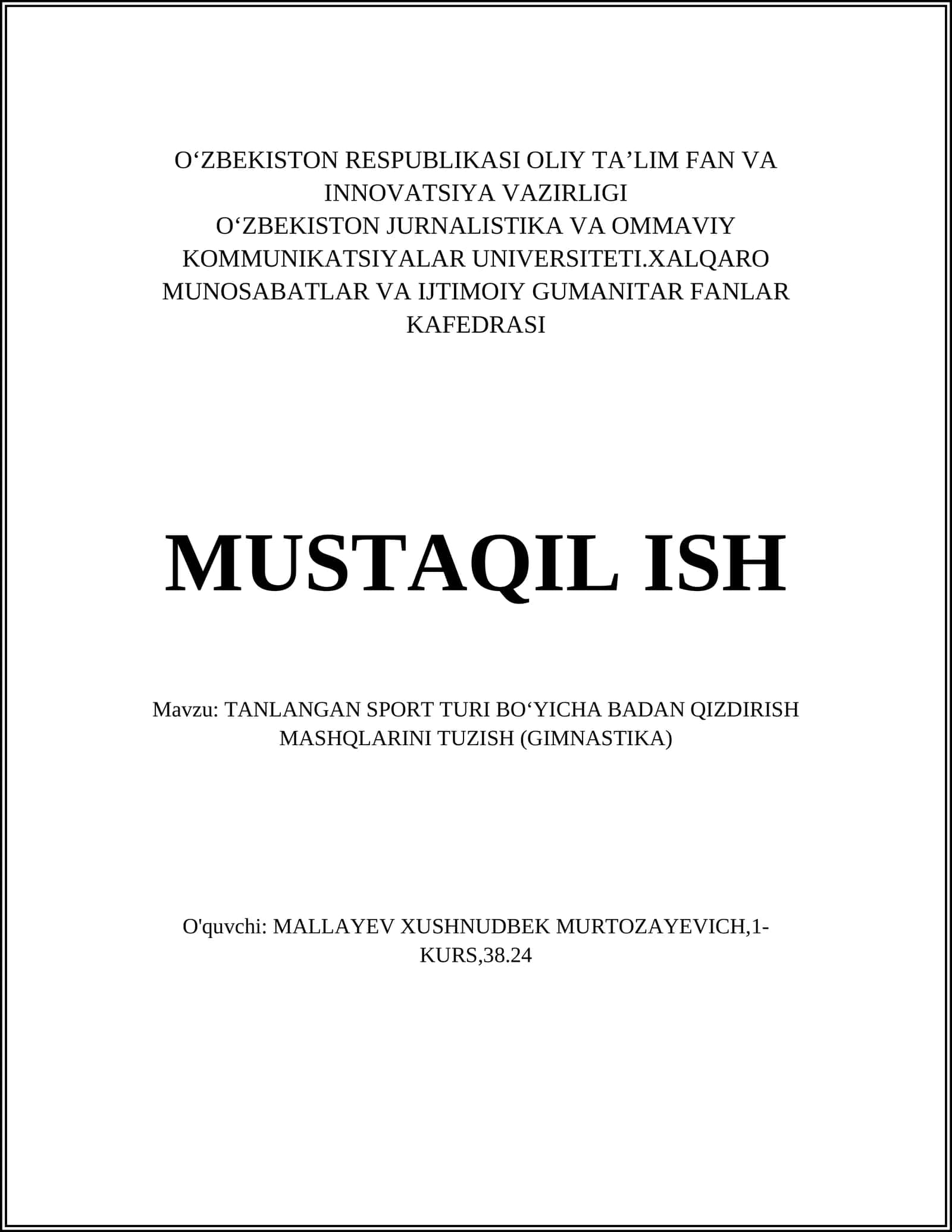 TANLANGAN SPORT TURI BOʻYICHA BADAN QIZDIRISH MASHQLARINI TUZISH (GIMNASTIKA)