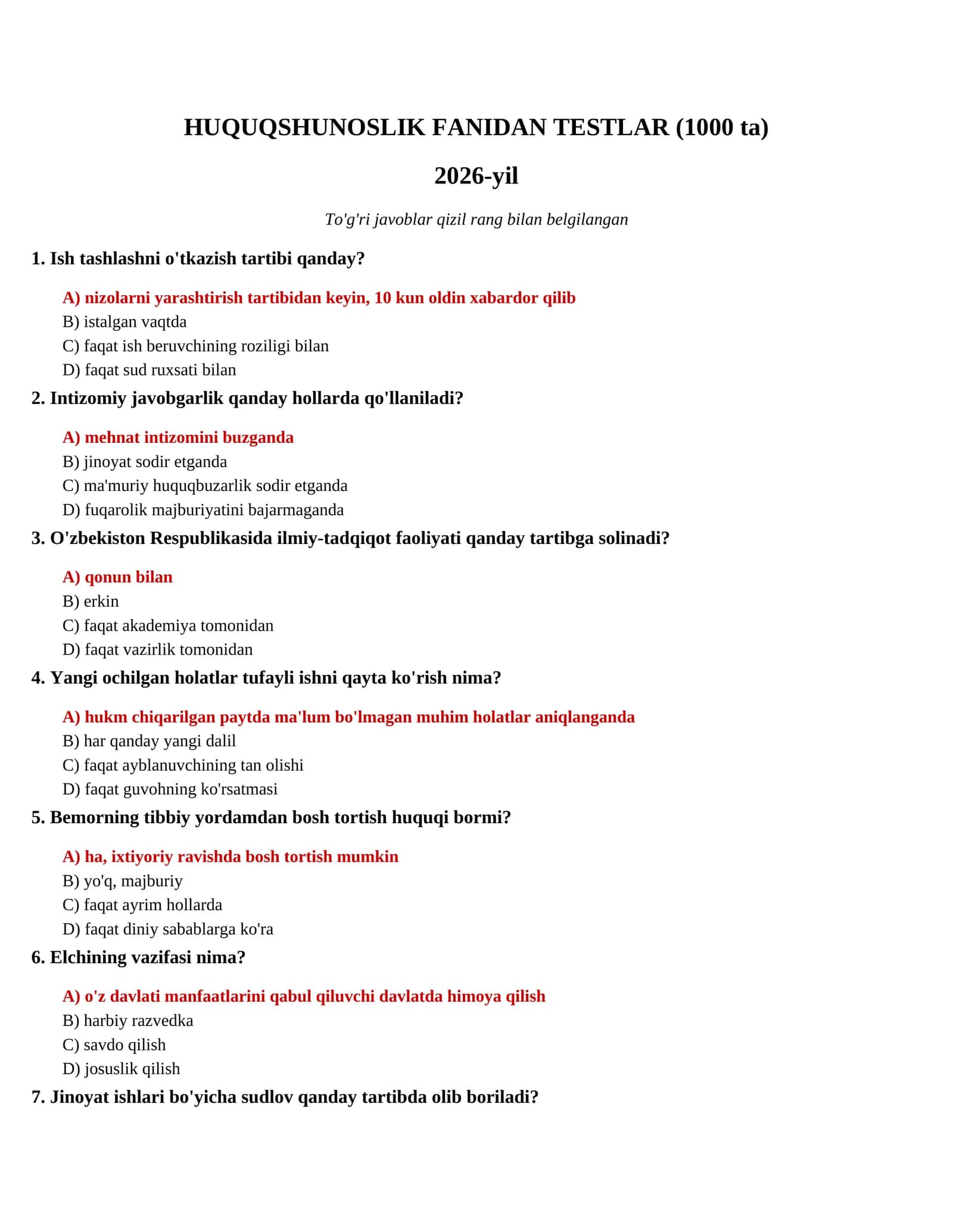 HUQUQSHUNOSLIK FANIDAN TESTLAR (1000 ta)