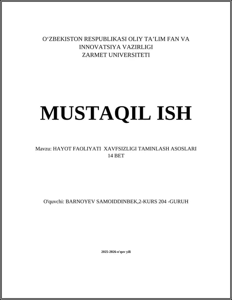 HAYOT FAOLIYATI XAVFSIZLIGI TAMINLASH ASOSLARI 14 BET