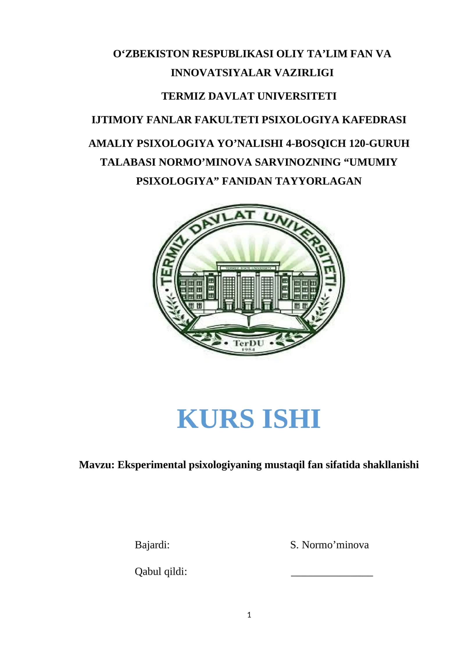Eksperimental psixologiyaning mustaqil fan sifatida shakllanishi