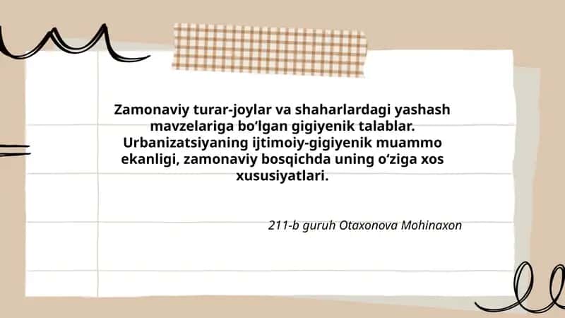 Zamonaviy turar-joylar va shaharlardagi yashash mavzelariga bо‘lgan gigiyenik talablar