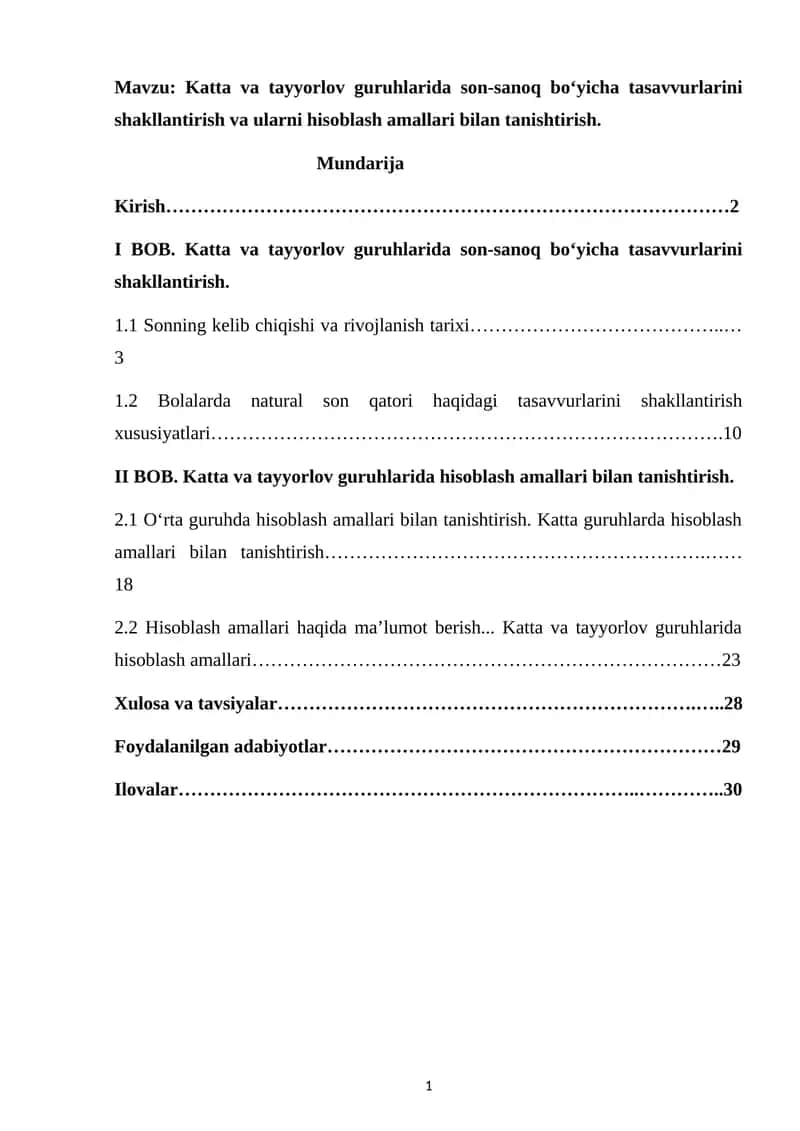Katta va Tayyorlov Guruhlarida Son-sanoq Bo'yicha Tasavvurlarini Shakllantirish va Hisoblash