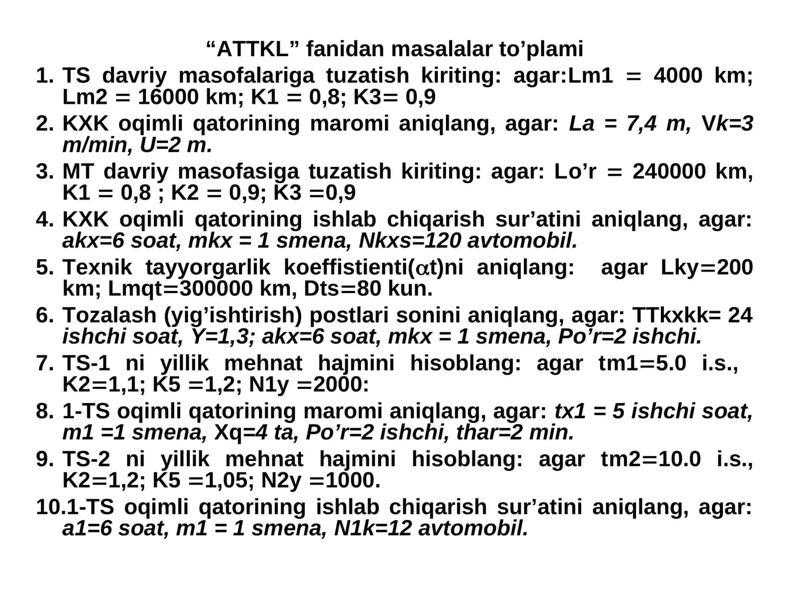 "ATTKL" fanidan masalalar to'plami