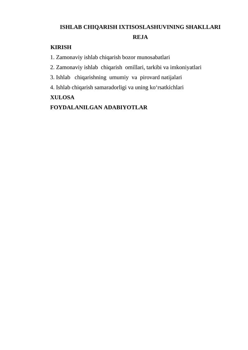 ISHLAB CHIQARISH IXTISOSLASHUVINING SHAKLLARI