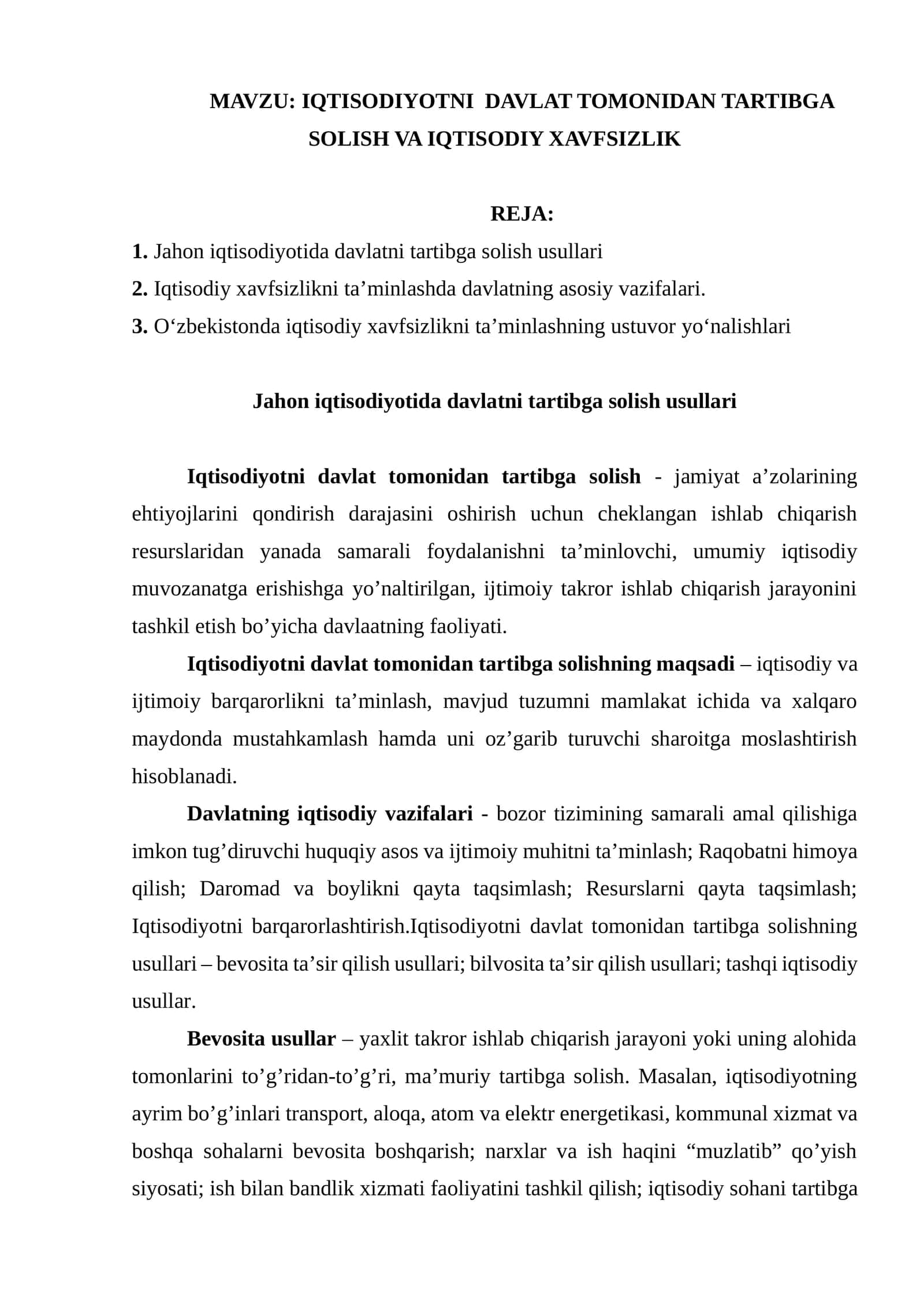IQTISODIYOTNI DAVLAT TOMONIDAN TARTIBGA SOLISH VA IQTISODIY XAVFSIZLIK