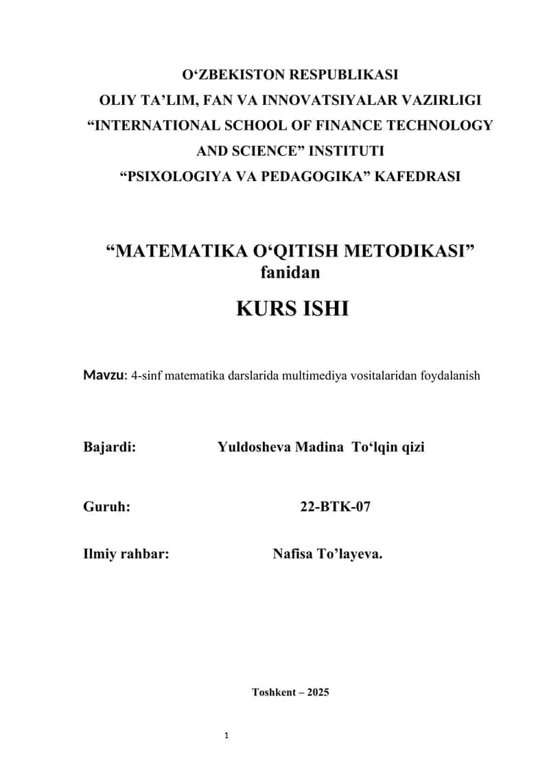 4-sinf matematika darslarida multimediya vositalaridan foydalanish kurs ishi