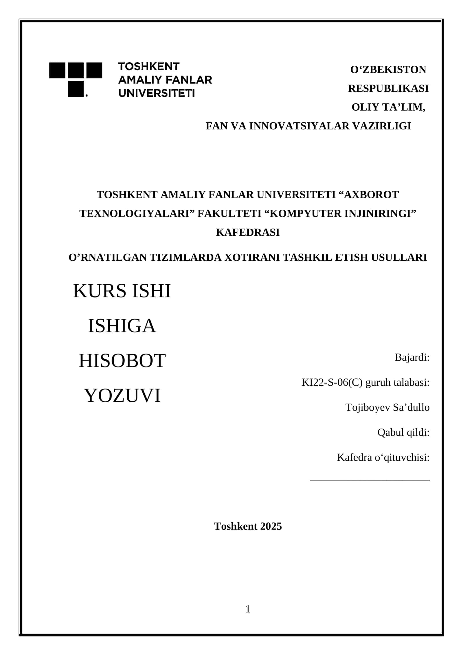 O‘RNATILGAN TIZIMLARDA XOTIRANI TASHKIL ETISH USULLARI
