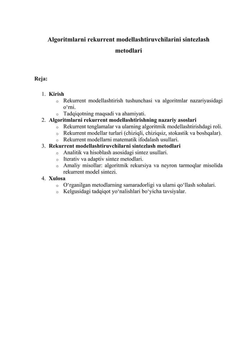 Algoritmlarni rekurrent modellashtiruvchilarini sintezlash metodlari