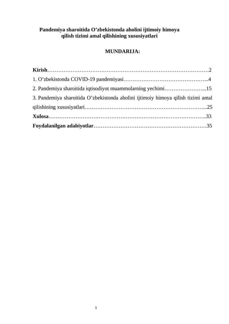 Pandemiya sharoitida O’zbekistonda aholini ijtimoiy himoya qilish tizimi amal qilishining xususiyatlari