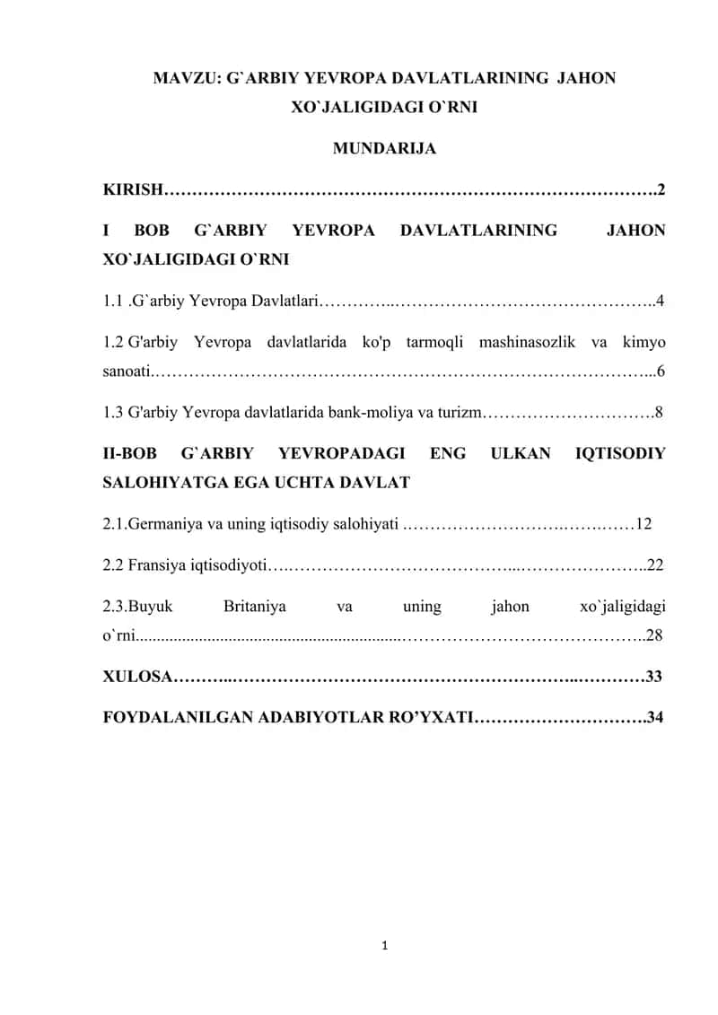 G`ARBIY YEVROPA DAVLATLARINING JAHON XO`JALIGIDAGI O`RNI