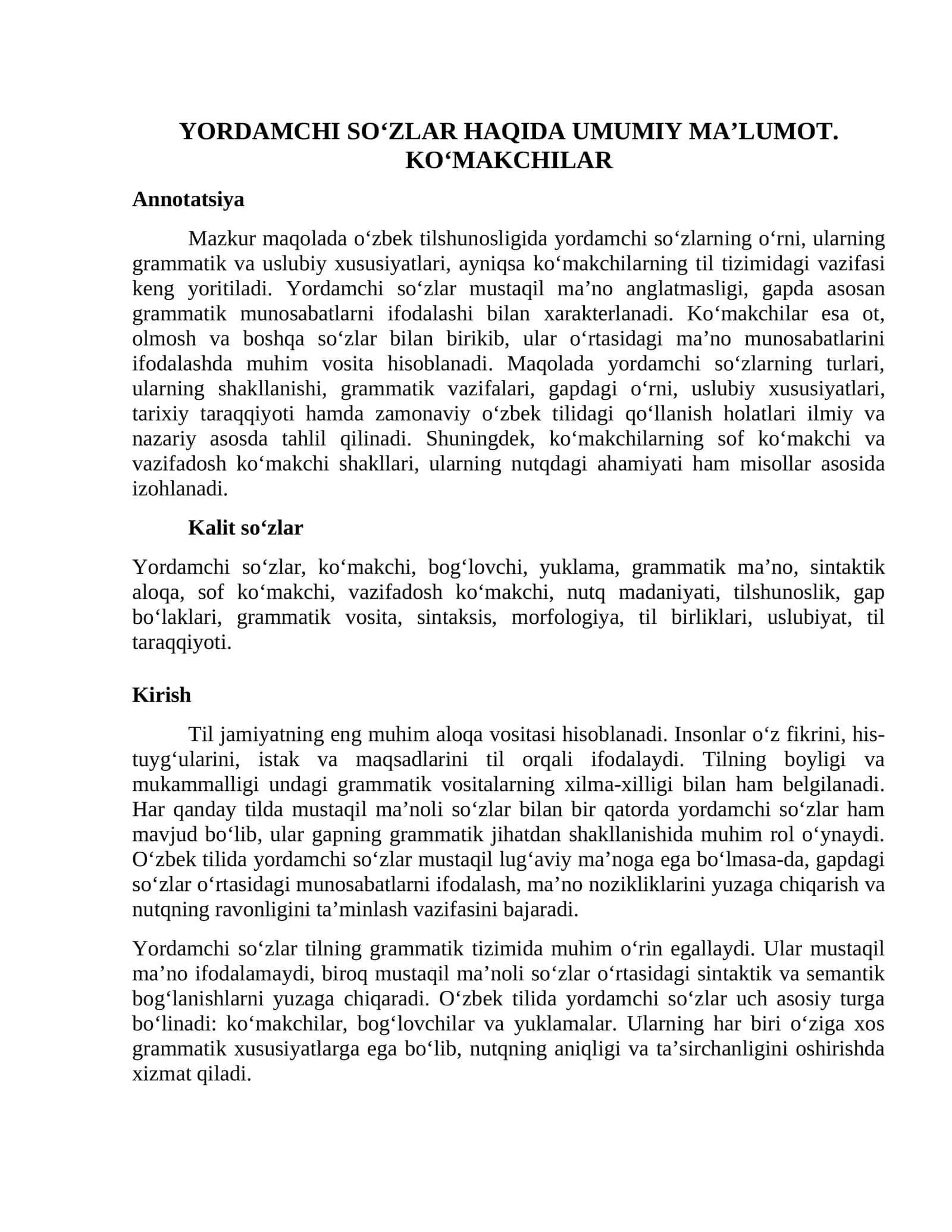 YORDAMCHI SOʻZLAR HAQIDA UMUMIY MA’LUMOT