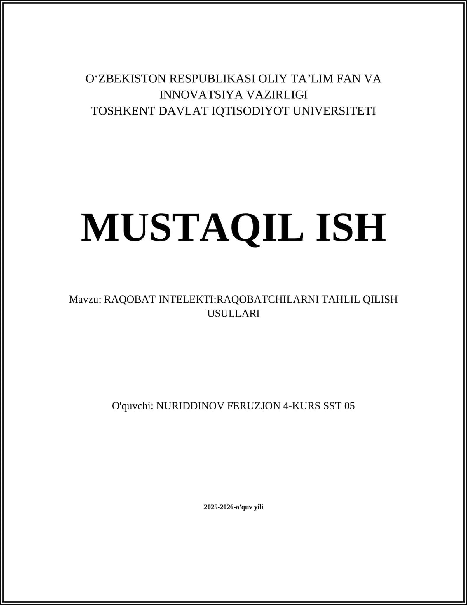 RAQOBAT INTELEKTI:RAQOBATCHILARNI TAHLIL QILISH USULLARI