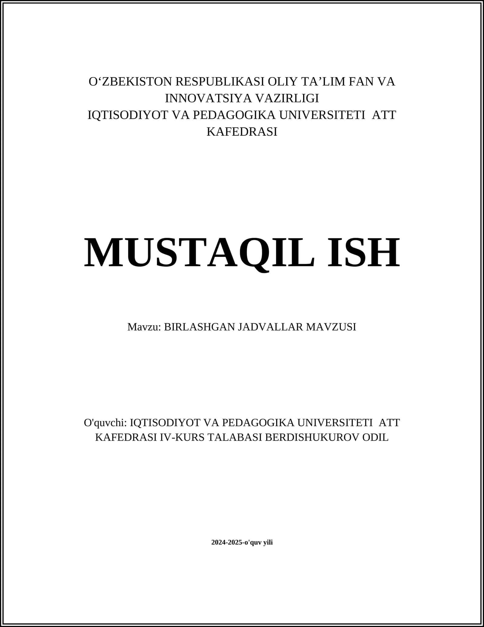 BIRLASHGAN JADVALLAR MAVZUSI