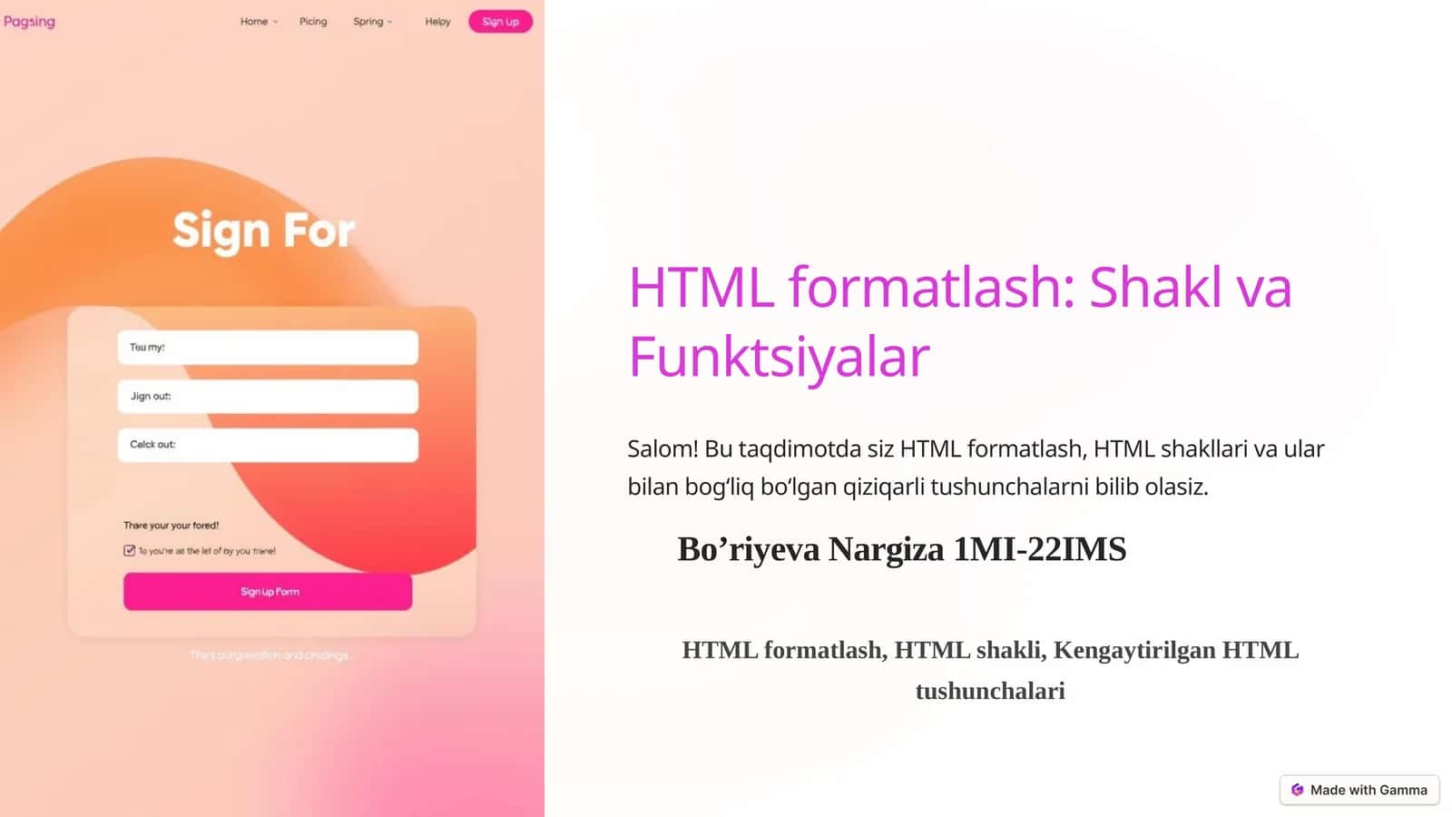 HTML formatlash: Shakl va Funktsiyalar
