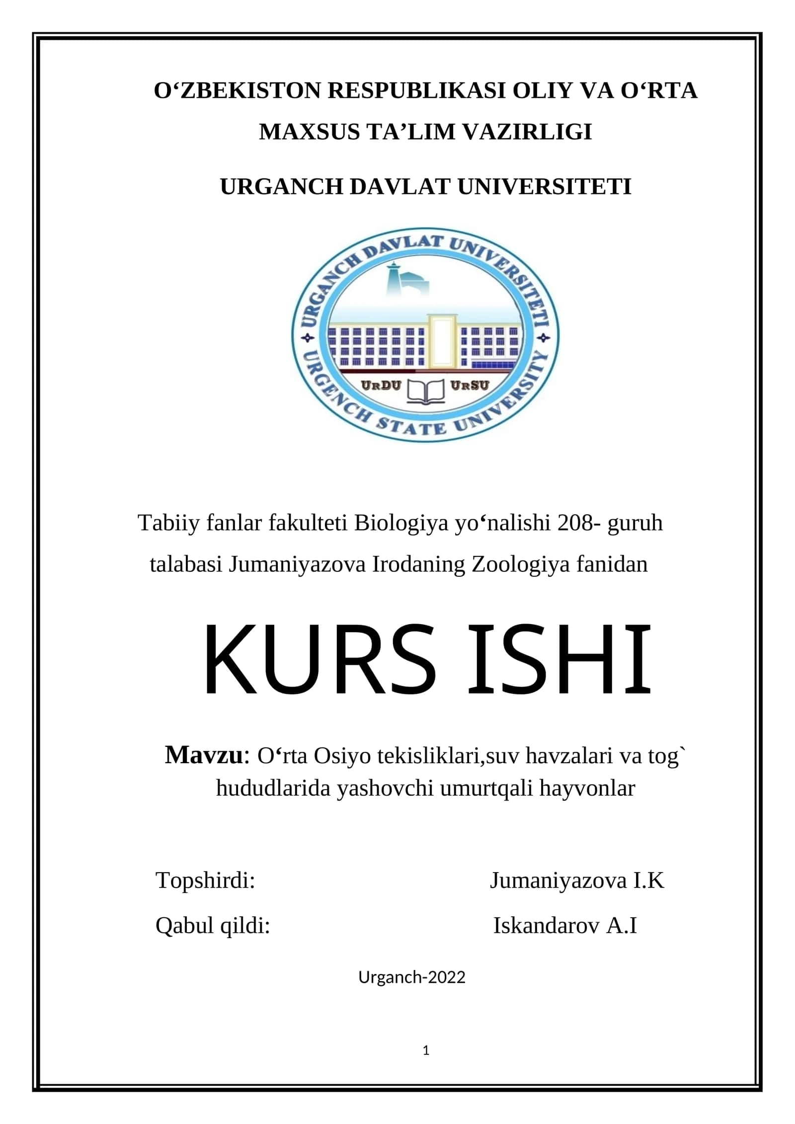 O‘rta Osiyo tekisliklari, suv havzalari va tog` hududlarida yashovchi umurtqali hayvonlar