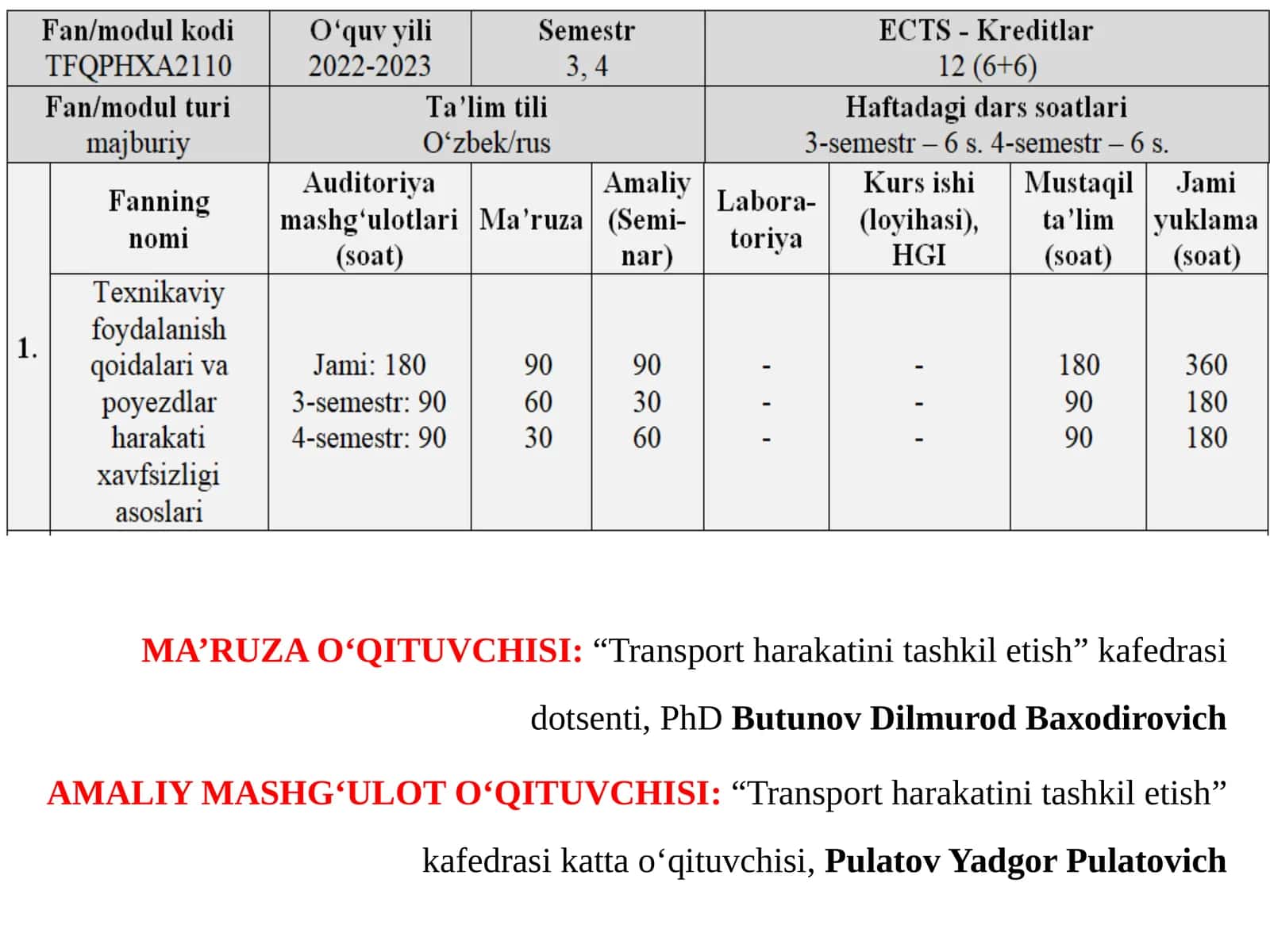 MA’RUZA O‘QITUVCHISI:“Transportharakatinitashkiletish”kafedrasidotsenti,PhDButunov Dilmurod Baxodirovich