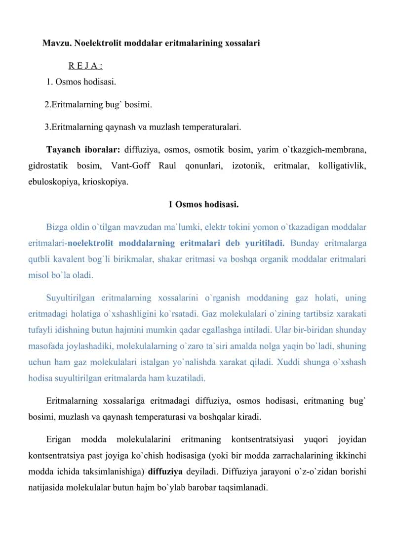 Noelelktrolit moddalar eritmalarining