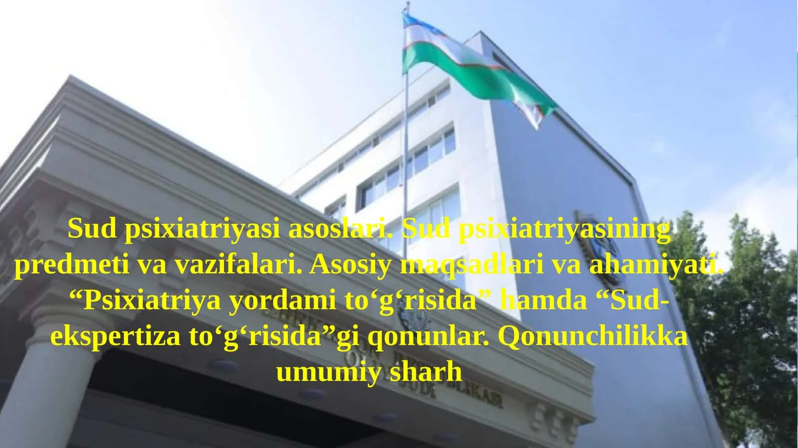 Sud psixiatriyasi asoslari. Sud psixiatriyasining predmeti va vazifalari. Asosiy maqsadlari va ahamiyati. “Psixiatriya yordami to‘g‘risida” hamda “Sud-ekspertiza to‘g‘risida”gi qonunlar. Qonunchilikka umumiy sharh.pptx