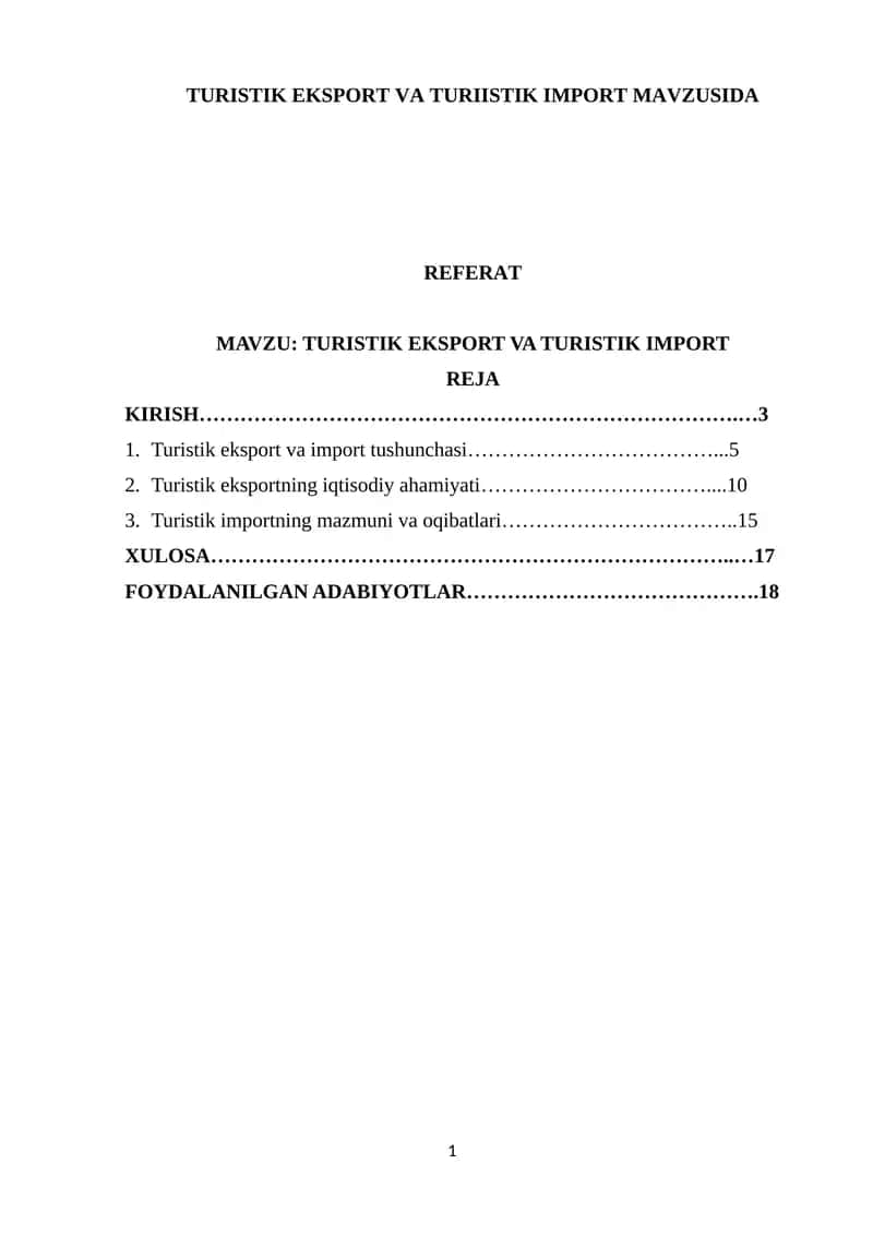 TURISTIK EKSPORT VA TURISTIK IMPORT MAVZUSIDA REFERAT