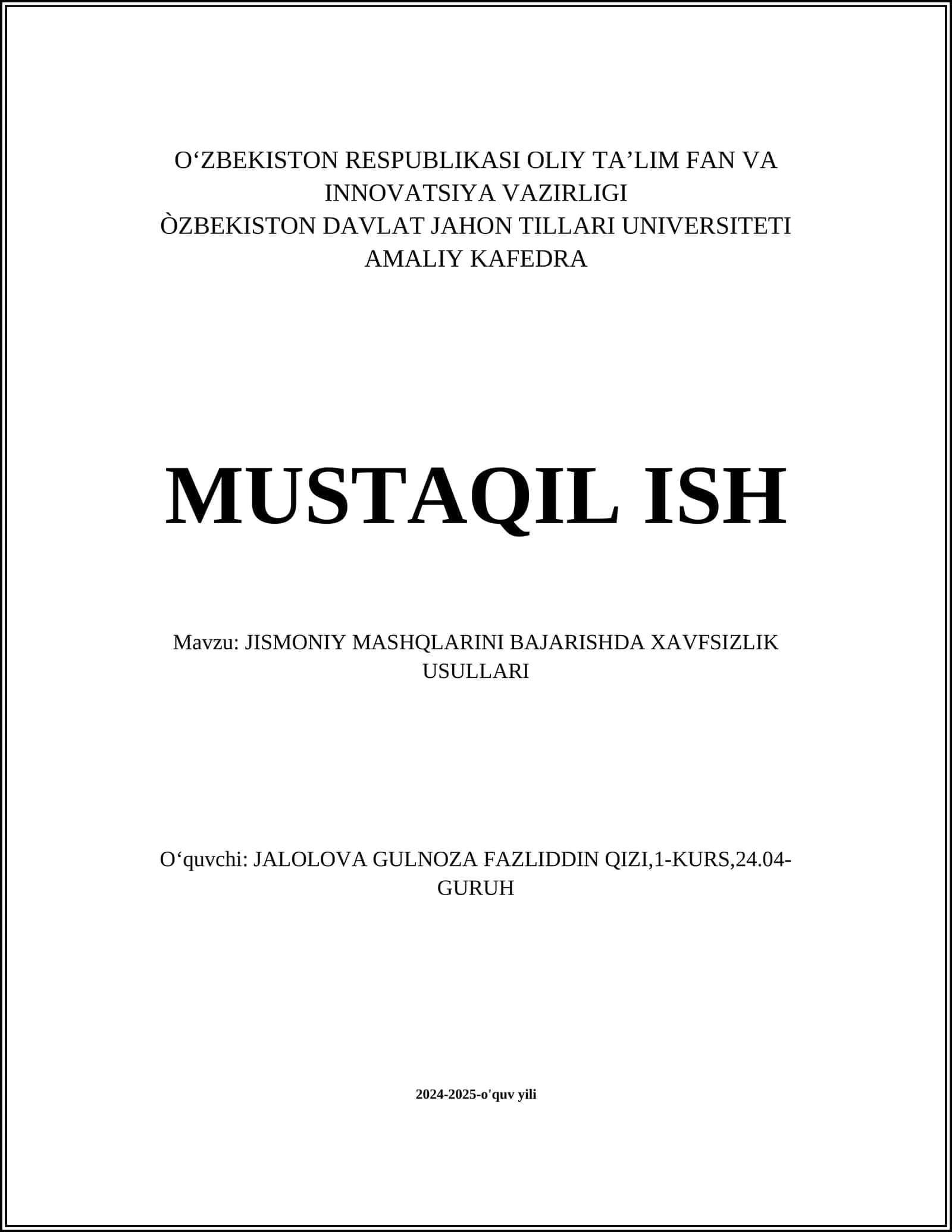 JISMONIY MASHQLARINI BAJARISHDA XAVFSIZLIK USULLARI