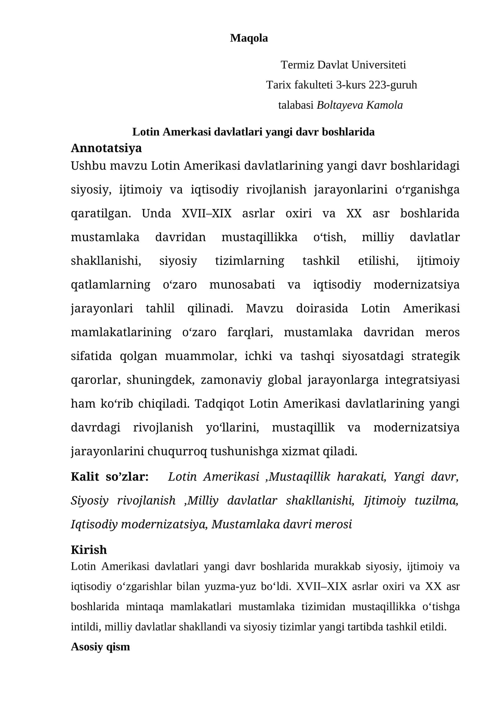 Lotin Amerkasi davlatlari yangi davr boshlarida