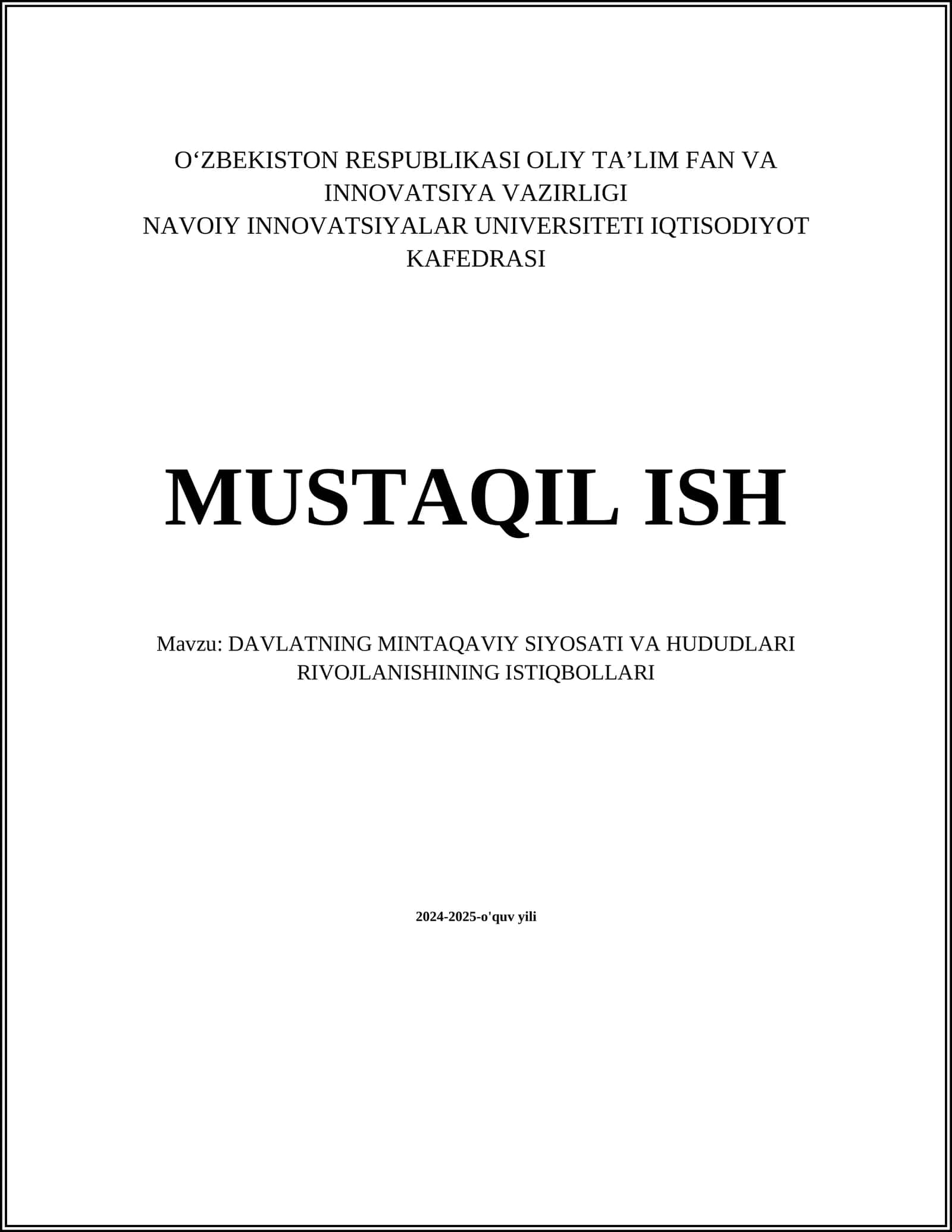 DAVLATNING MINTAQAVIY SIYOSATI VA HUDUDLARI RIVOJLANISHINING ISTIQBOLLARI