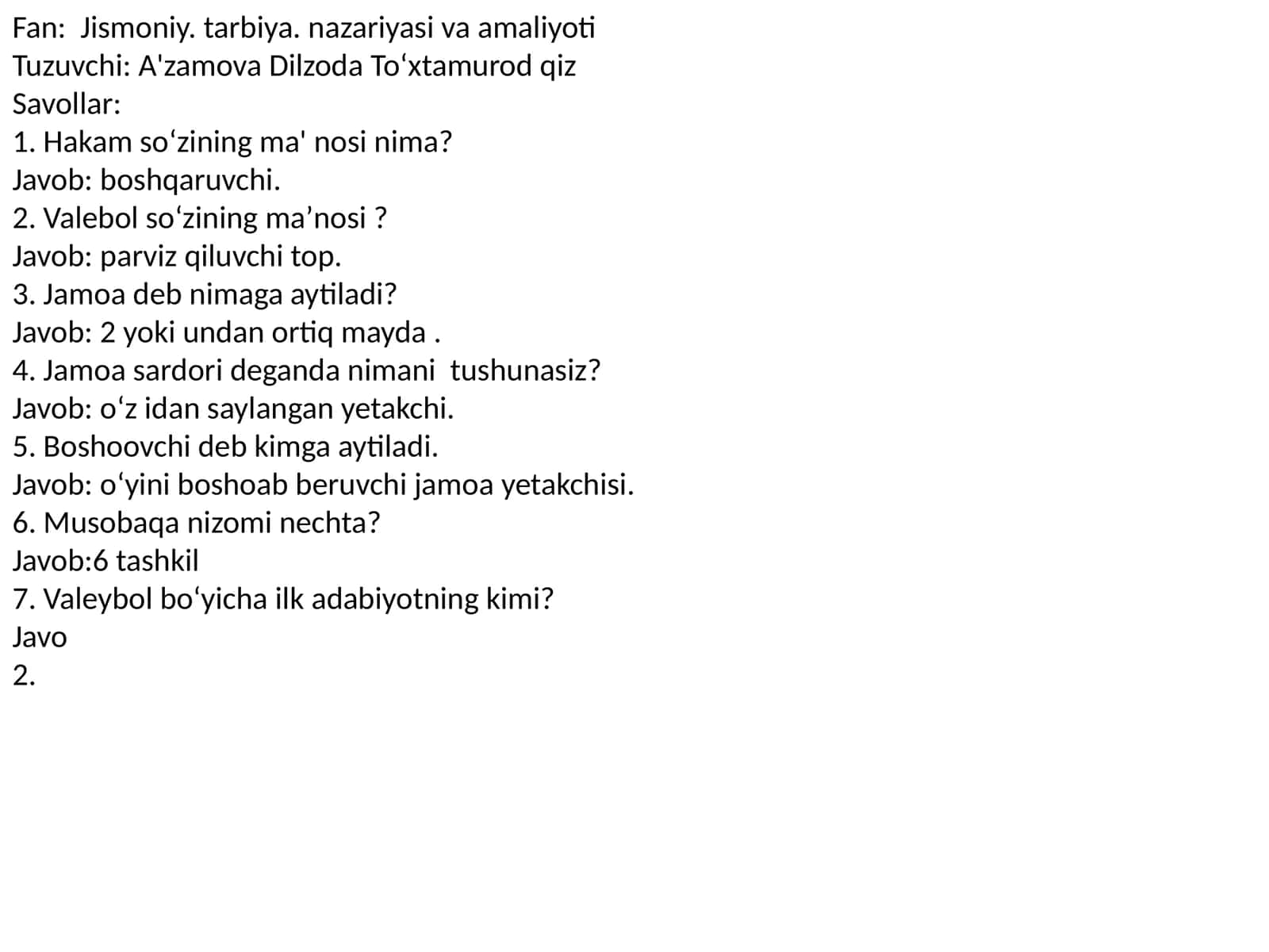 Fan: Jismoniy tarbiya nazariyasi va amaliyoti