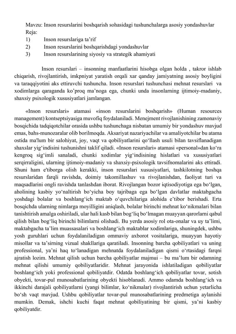 Inson resurslarini boshqarish sohasidagi tushunchalarga asosiy yondashuvlar