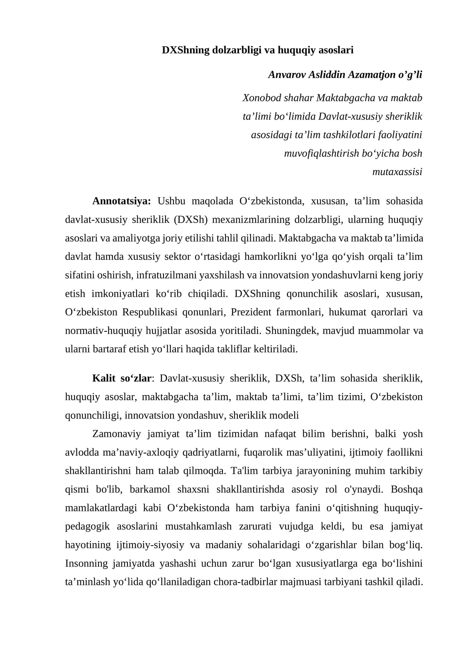 DXShning dolzarbligi va huquqiy asoslari