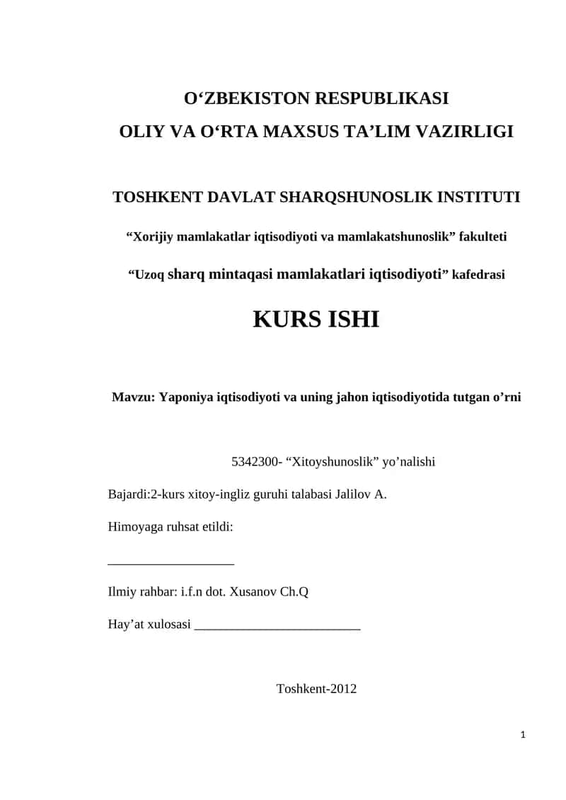 Yaponiya iqtisodiyoti va uning jahon iqtisodiyotida tutgan o'rni