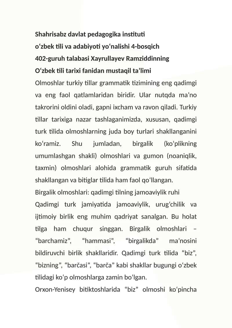 Olmoshlar turkiy tillar grammatik tizimi