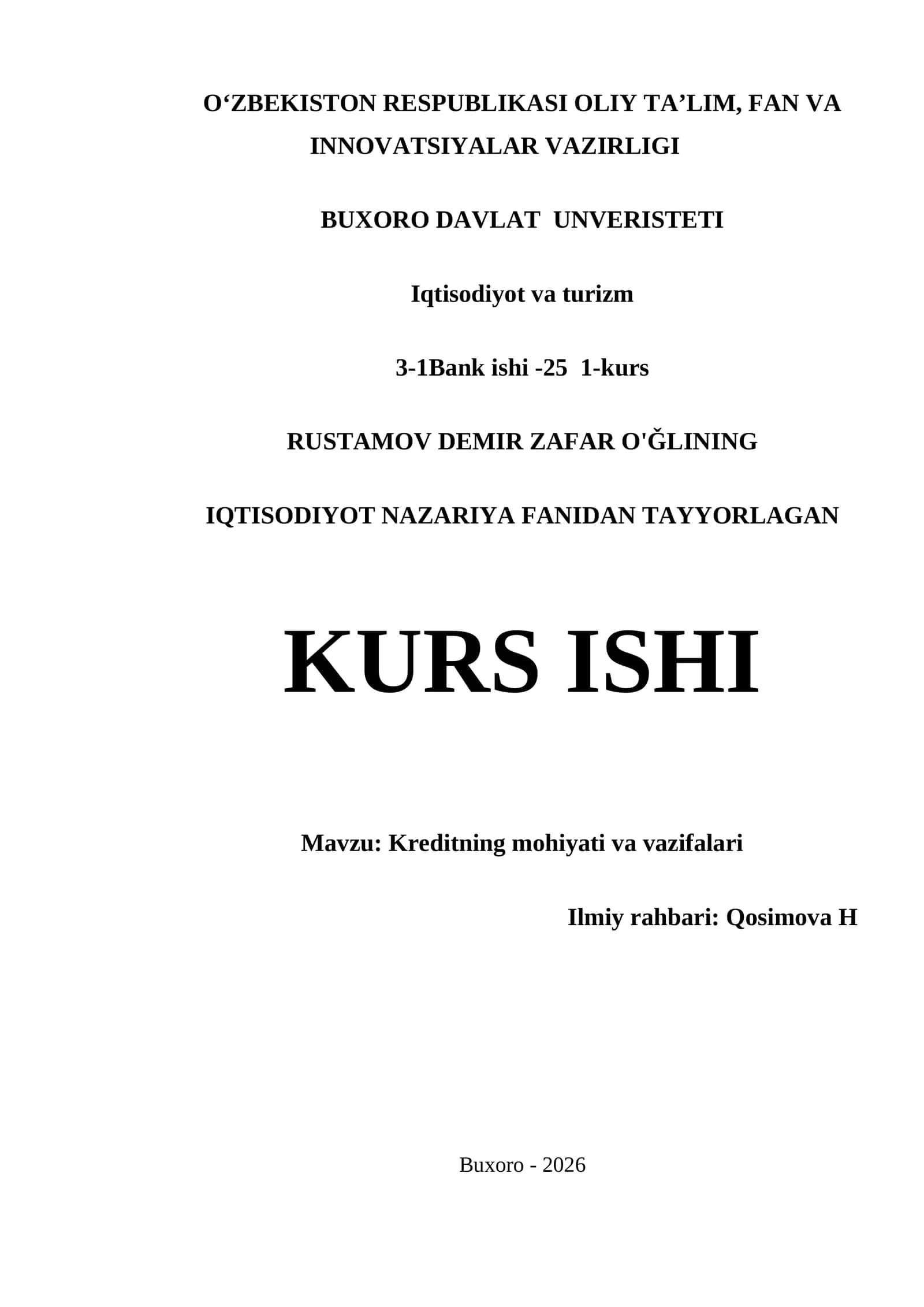 KREDITNING MOHIYATI VA VAZIFALARI