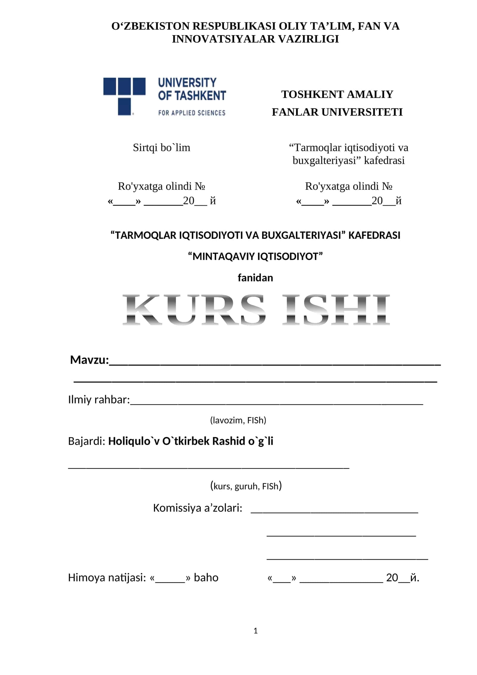 KURS ISHI "MINTAQAVIY IQTISODIYOT"